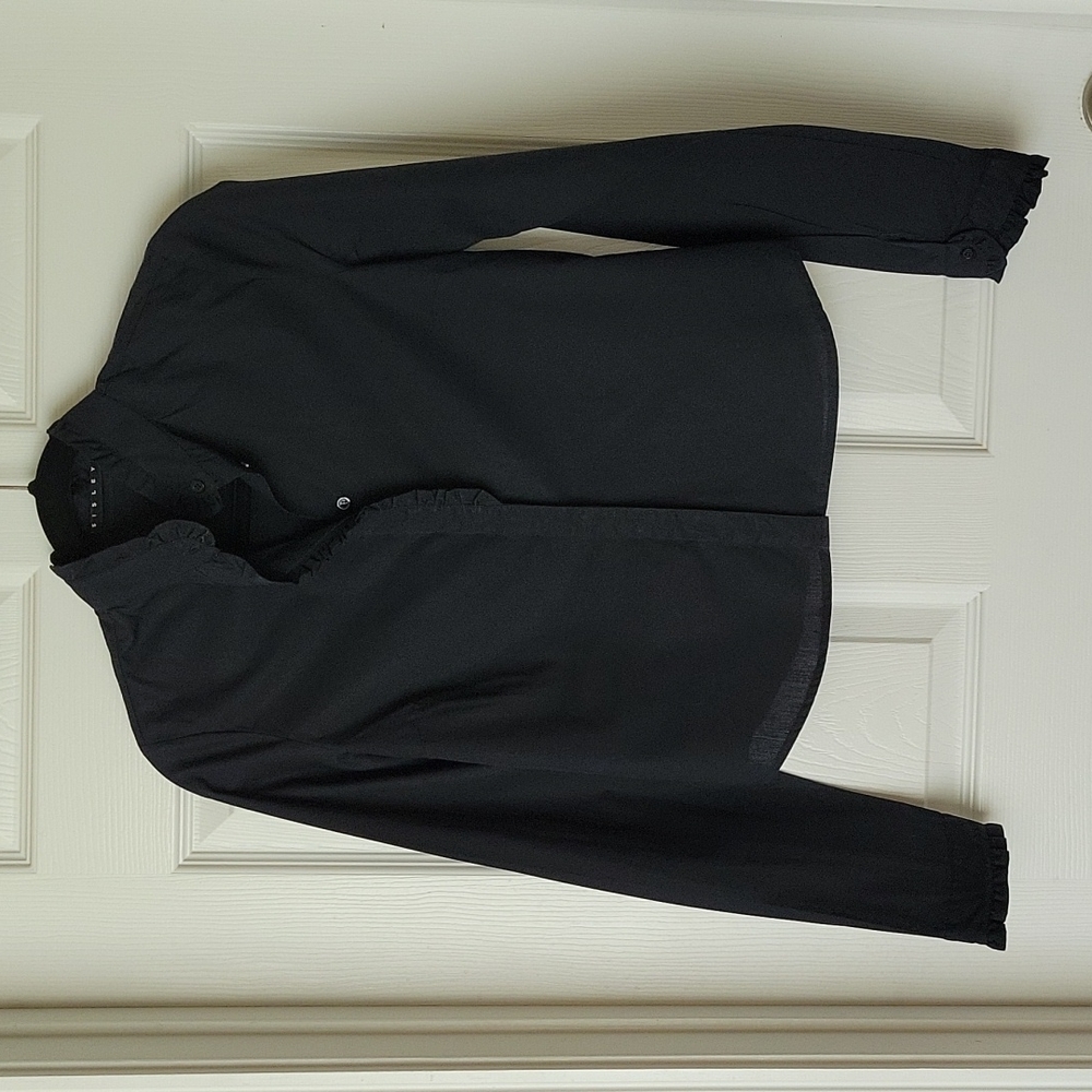 Sisley black shirt with ruffles details on the sleeves, collar and front buttons